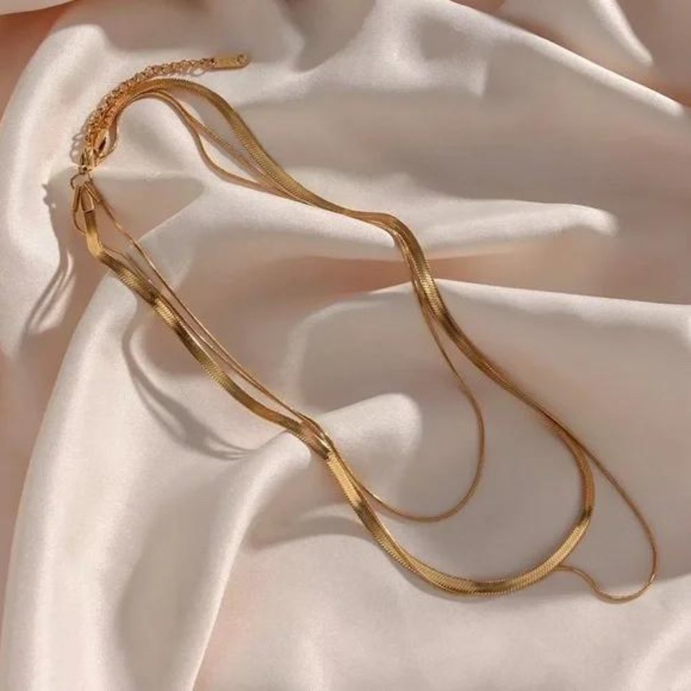 18K Gold Three Layers Snake Bone Chain Necklace, NICE NECKLACE, CUTE NECKLACE - Picture 3 of 5
